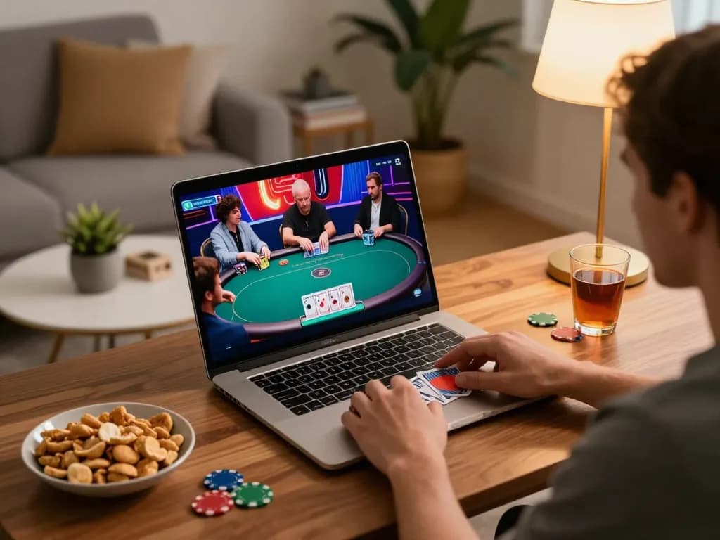 Engaged player using Da88 for online poker, displaying cards and chips in cozy home setting.