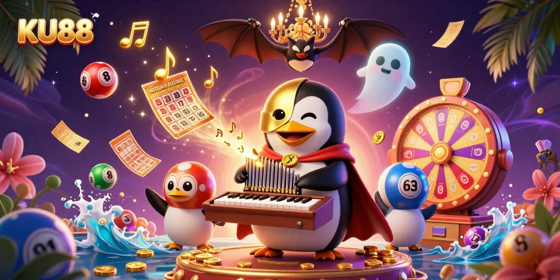KU88 showcases a whimsical casino scene with dynamic lottery elements and a charming penguin.