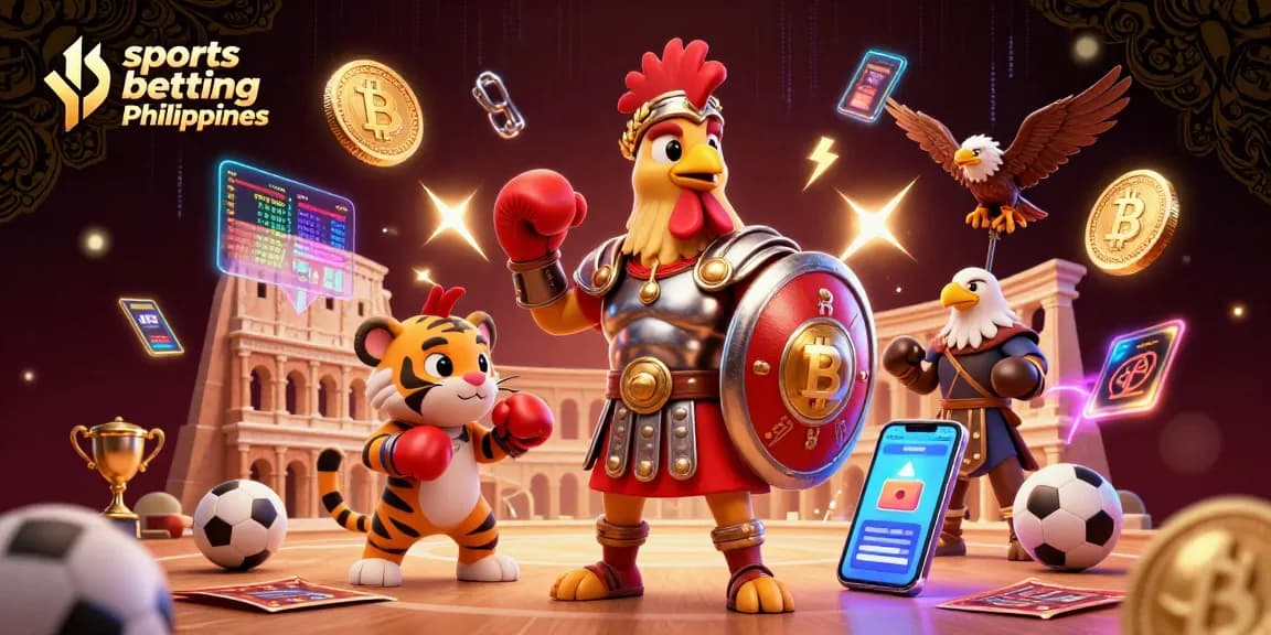 Engage in exciting sports betting Philippines with a dynamic illustration featuring a gladiator rooster, sports elements, and cryptocurrency