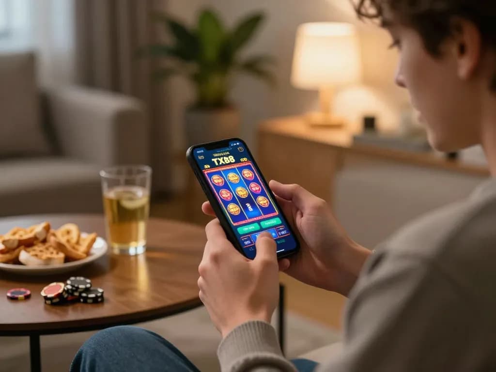 Player enjoying an exciting TX88 game on a smartphone during a relaxed gaming session at home.