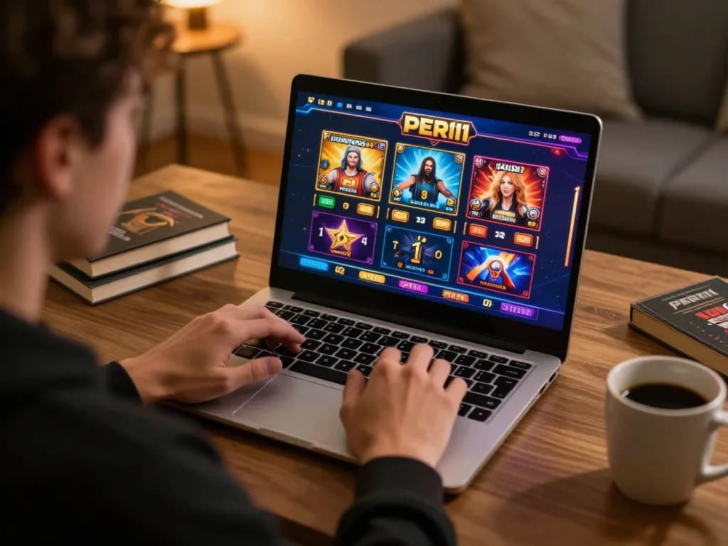 Player enjoying PERI11 online games on a laptop in a cozy home setting, focused on strategic gameplay