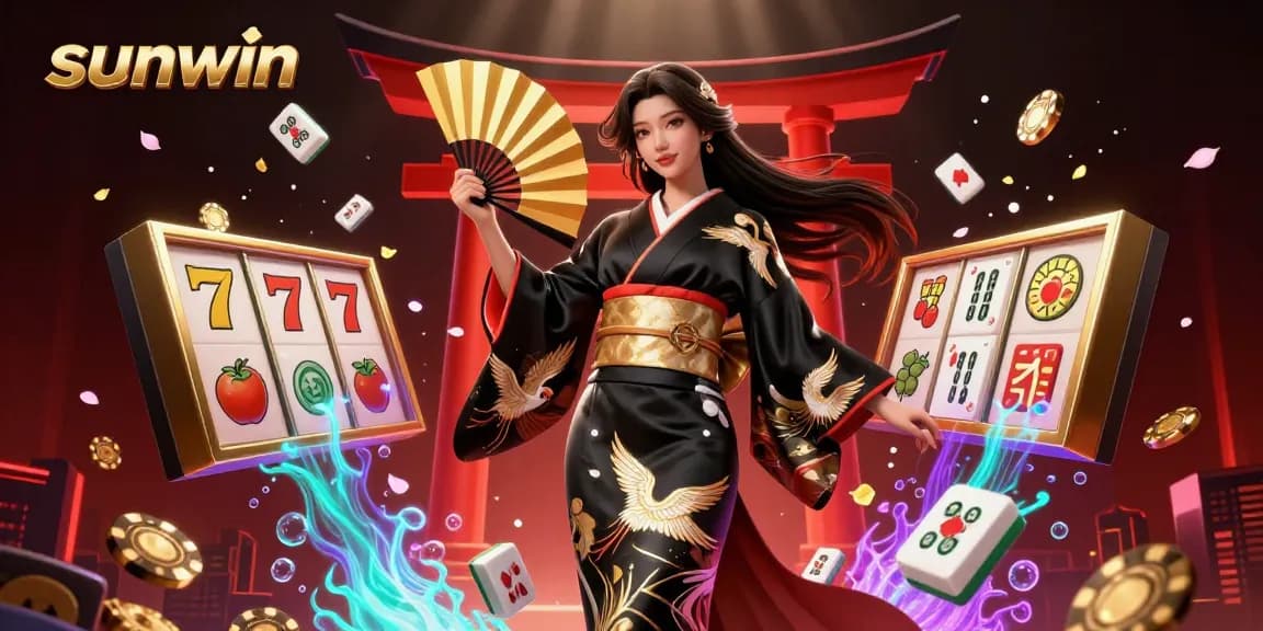 Play sunwin casino games with vibrant reels, chips, and festive elements in a dynamic digital scene.