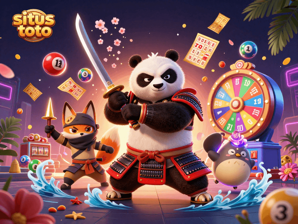 Situs toto showcases a thrilling lottery scene with a dynamic panda, ninja fox, and magical tanuki.