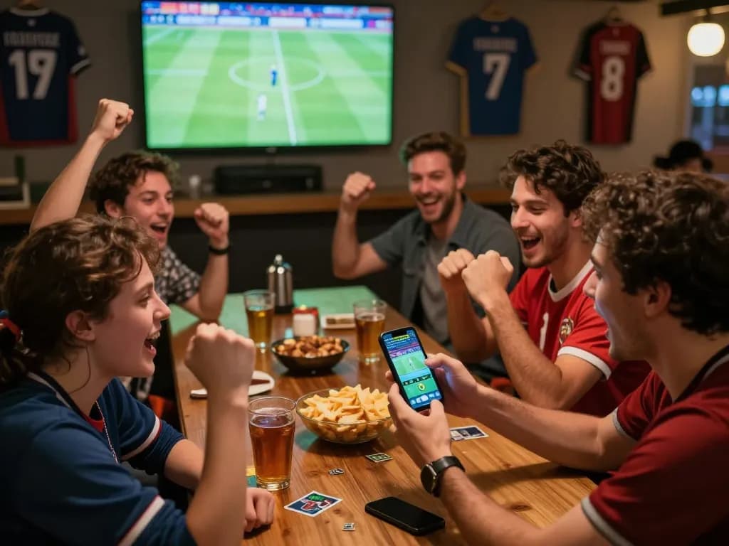 Friends engaging in thrilling sports betting on 7m soccer match at home, celebrating strategy.