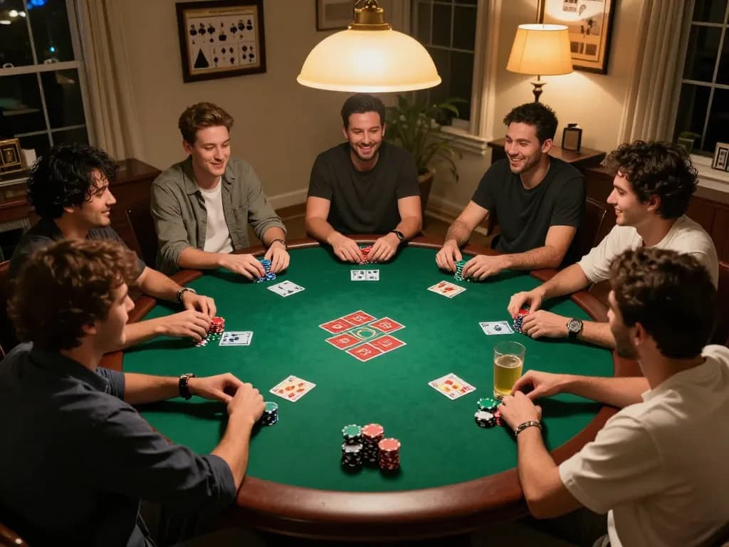 IWIN CLUB hosts lively home poker game with friends enjoying competitive atmosphere and premium gaming setup.