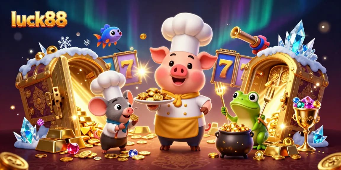 Experience the excitement of luck88 with treasures and jackpot symbols in a vibrant casino scene.