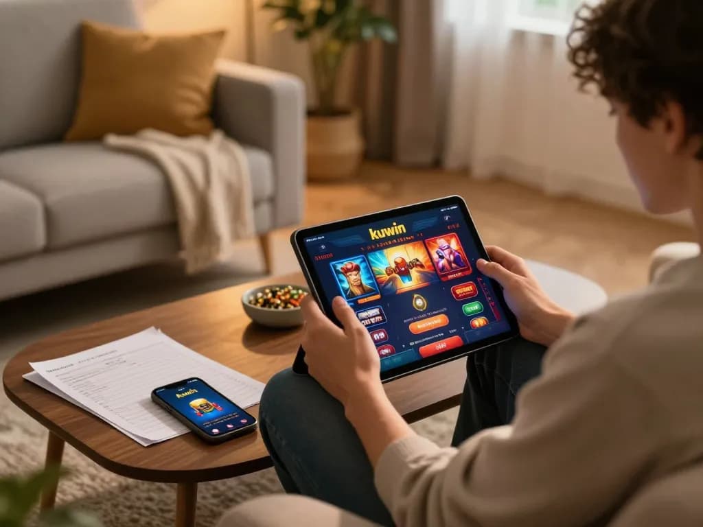 Kuwin online gaming experience with a person focused on a tablet while enjoying a cozy home environment.