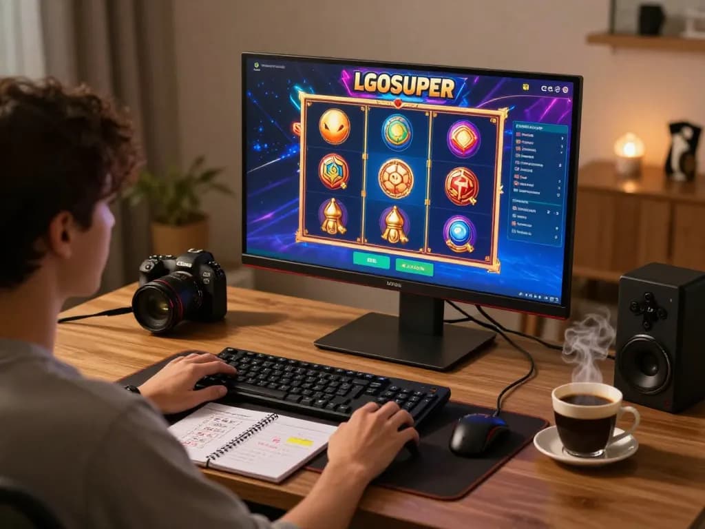 Enjoying LGOSUPER slots in a cozy home office, illustrating the perfect online gaming experience.