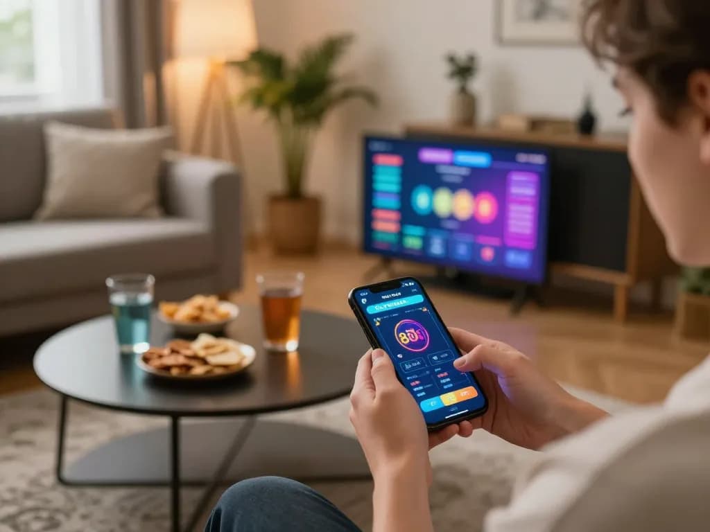 Engaged player using the nhà cái 8xbet app on smartphone in a cozy home setting, showcasing online gaming.