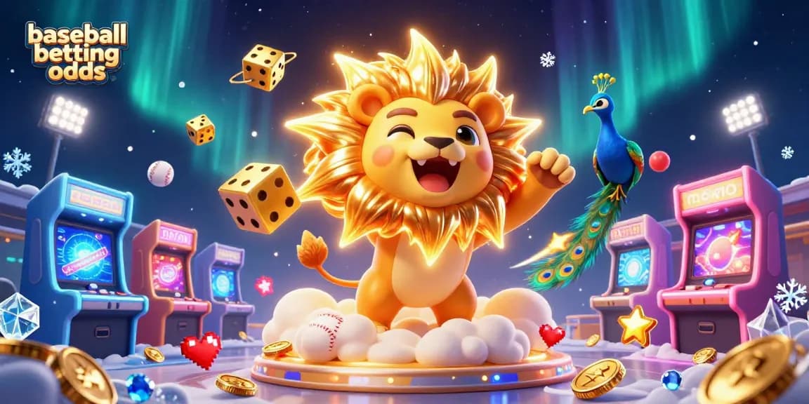 Bet on baseball betting odds with this vibrant dynamic illustration showcasing a roaring lion, golden dice, and sports elements.