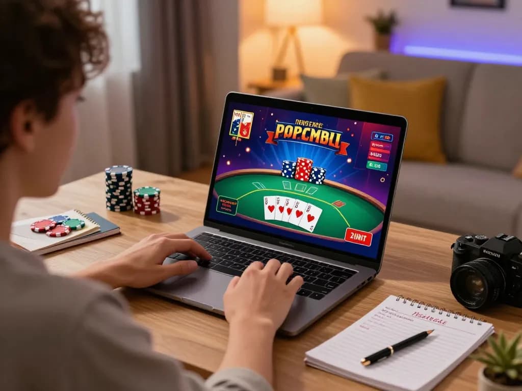 Player enjoying n188 online games on a laptop with visual display of poker action, showcasing engaging gambling experience