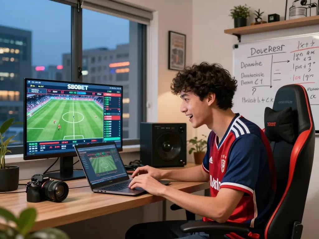 SBOBET sports betting enthusiast placing live bets in a stylish home office.