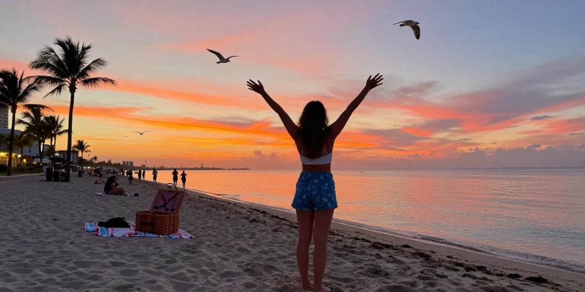 Pengunjung pantai di Miami4D, menikmati matahari terbenam yang indah dan suasana santai.