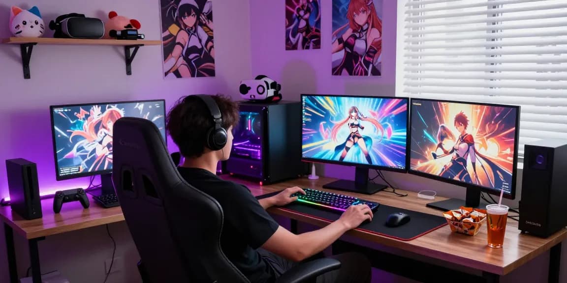 Gamer enjoying hentai games in a colorful gaming setup with vibrant decor