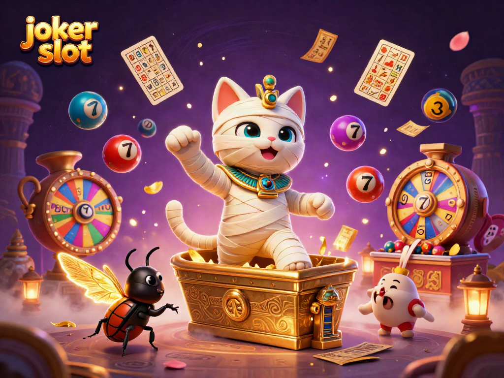 Engage with the joker slot fun in a vibrant 3D casino scene featuring lucky symbols and characters.