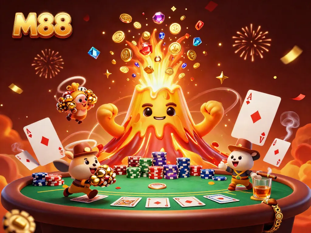 Cá cược và chiến thắng tại M88 với hình ảnh núi lửa vàng tràn đầy kho báu trong không gian casino sống động.