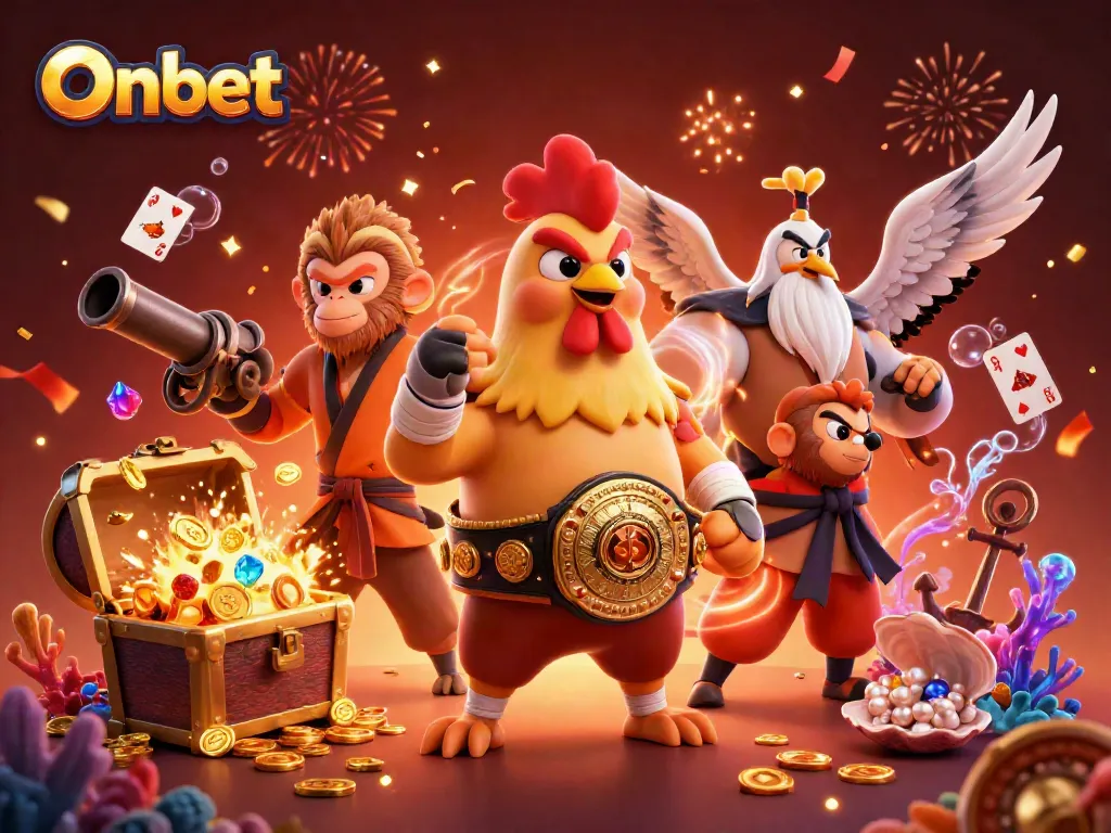 Experience excitement at Onbet with a vibrant casino scene featuring unique characters and dynamic game elements.