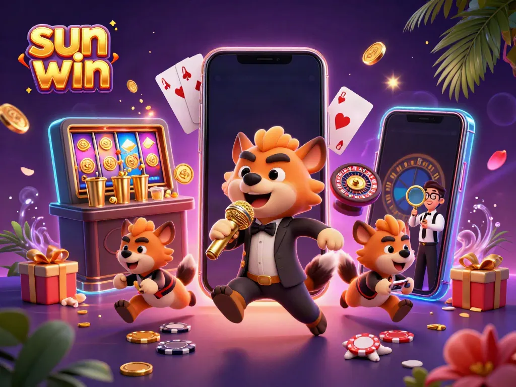 Win big at Sun Win's casino with 3D hyenas enjoying an exciting gaming atmosphere.