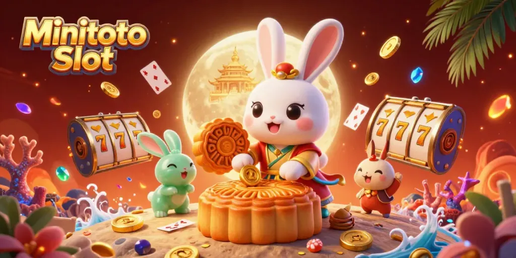 Ilustrasi Minitoto Slot yang kaya detail, menunjukkan karakter dan simbol perjudian yang menarik.