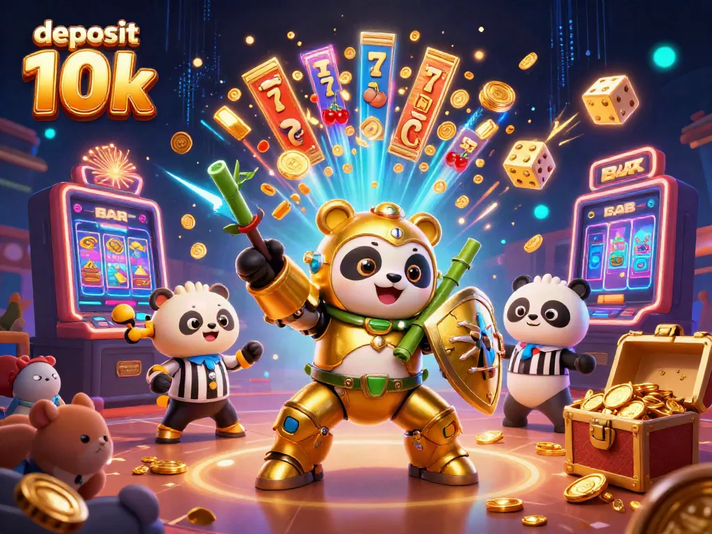 Memainkan slot deposit 10k dengan mesin slot meledak koin dan simbol keberuntungan dalam ilustrasi 3D yang dinamis.