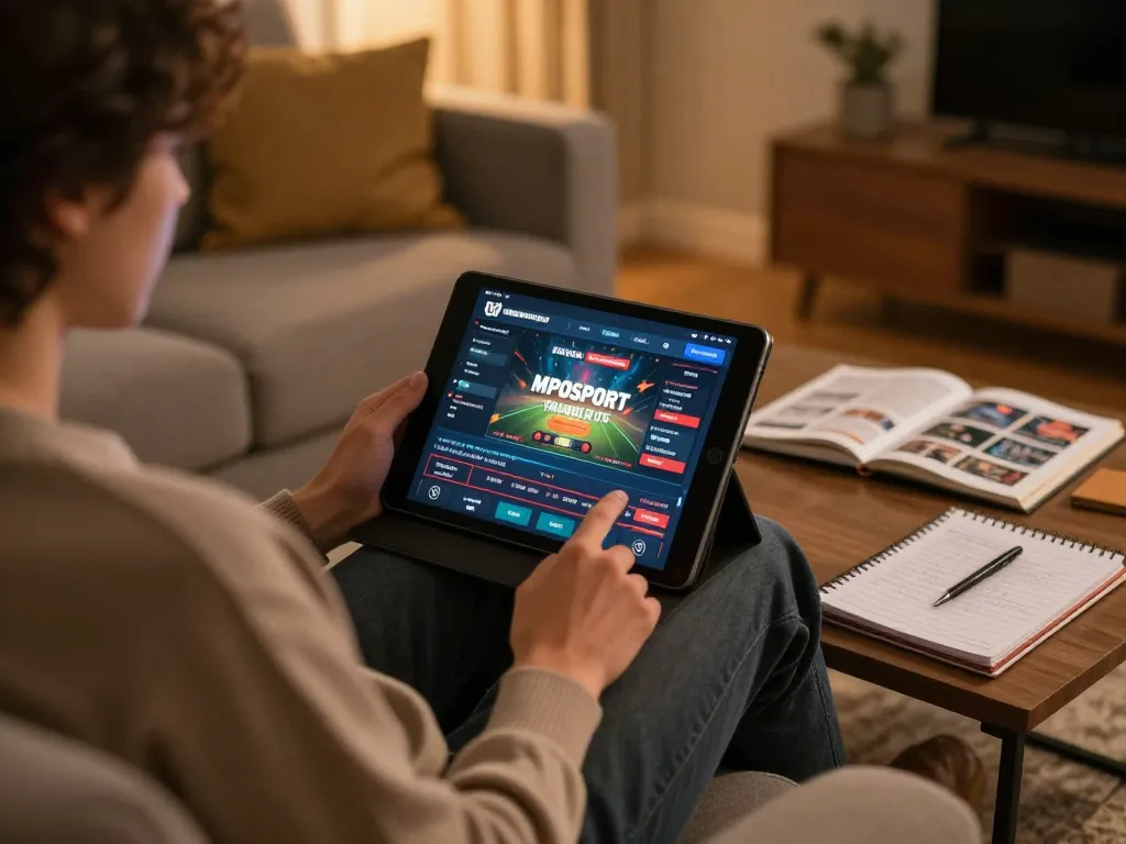 Engaging with MPOSPORT online gaming strategies from a cozy sofa setting.