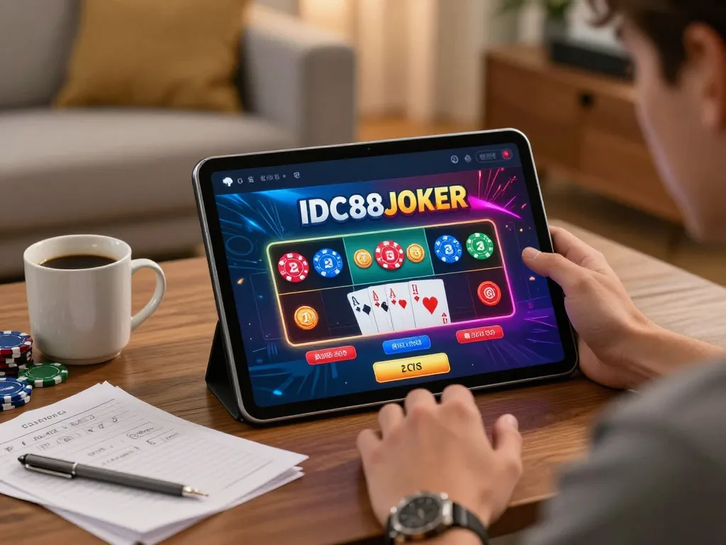 Player engaging with IDC88JOKER on tablet at home, showcasing online gambling experience.