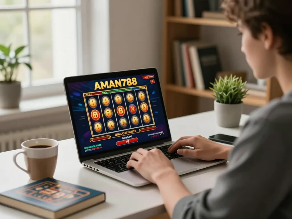 Pemain yang terlibat dengan slot online aman788 di kantor rumah yang bergaya, menunjukkan permainan yang strategis.