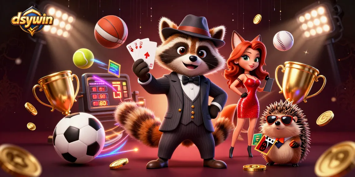 Experience the excitement of dsywin's casino with a suave raccoon and a dazzling fox in a vibrant 3D digital illustration.