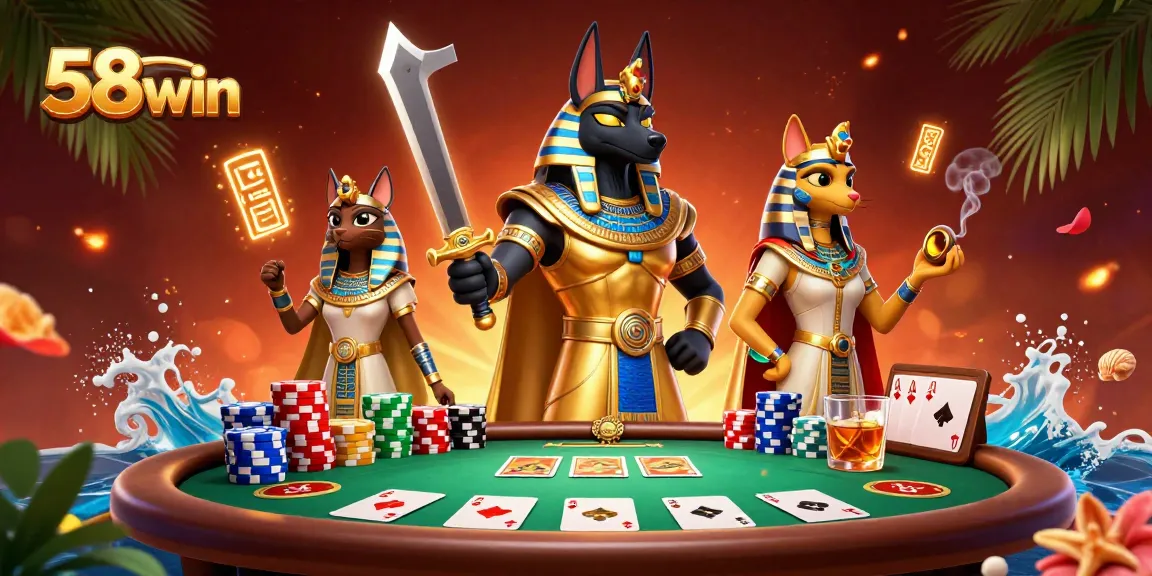 Experience the energy of 58win with a stunning scenario featuring poker elements and ancient Egyptian characters.