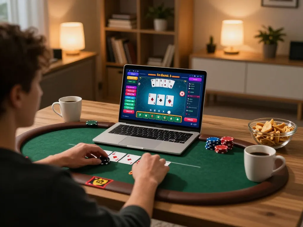 Player engaging in online poker on laptop while managing bankroll for sky88 gaming experience