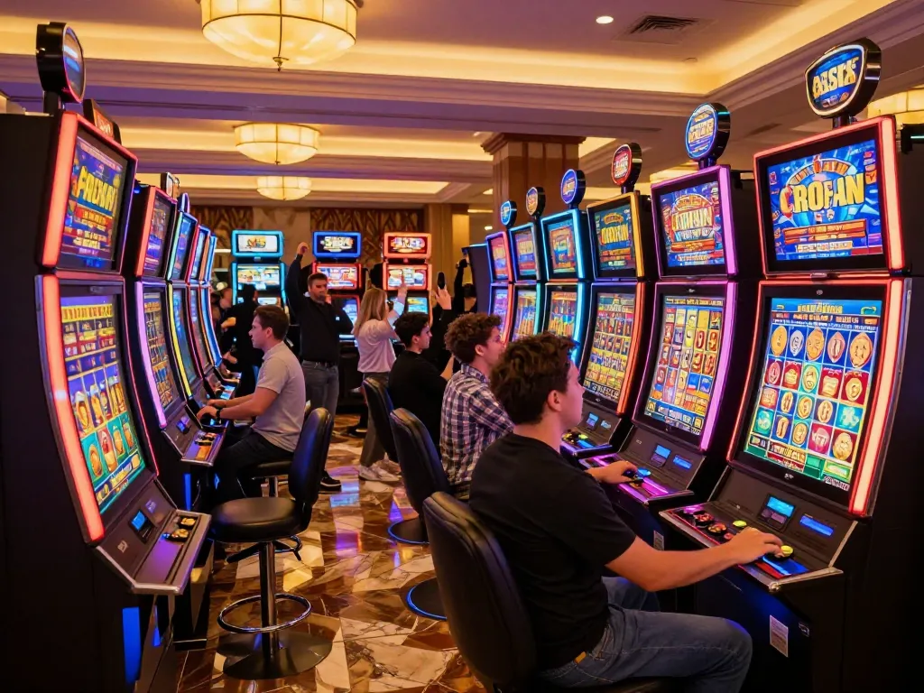 Players enjoying the excitement of slot88 machines in a vibrant casino atmosphere
