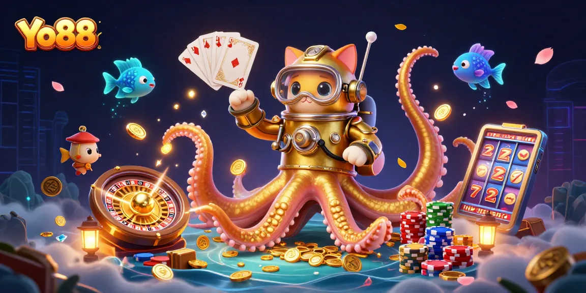 Win big at Yo88, featuring a kraken, diving cat, and glowing fish in a vibrant casino scene.