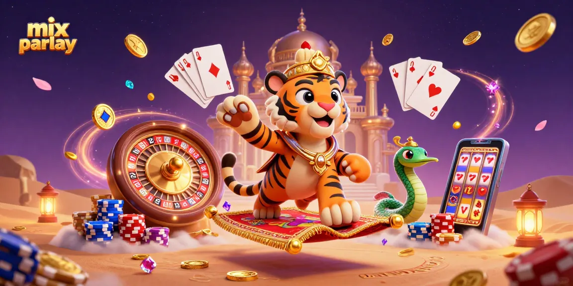 Place multiple mix parlay bets with excitement as dazzling gems and golden coins soar around a magical casino setting.