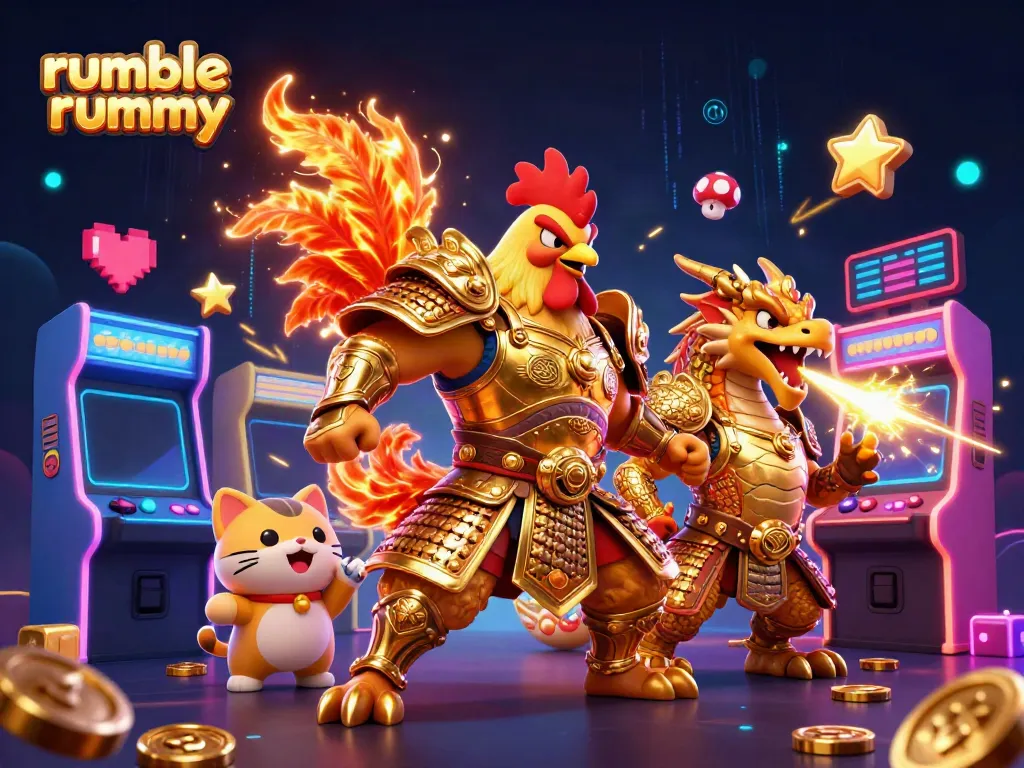 Experience the thrill of rumble rummy with a captivating digital art scene of dynamic characters and gaming elements.