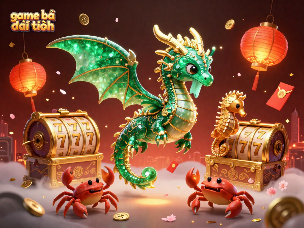Experience the thrill of game bài đổi thưởng with our dazzling dragon and slot reels scene.