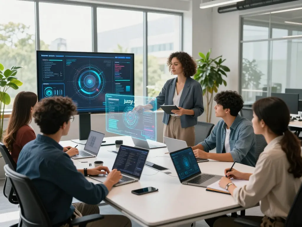 Team of professionals collaborating in an innovative workspace demonstrating juicy ai's capabilities through holographic displays.