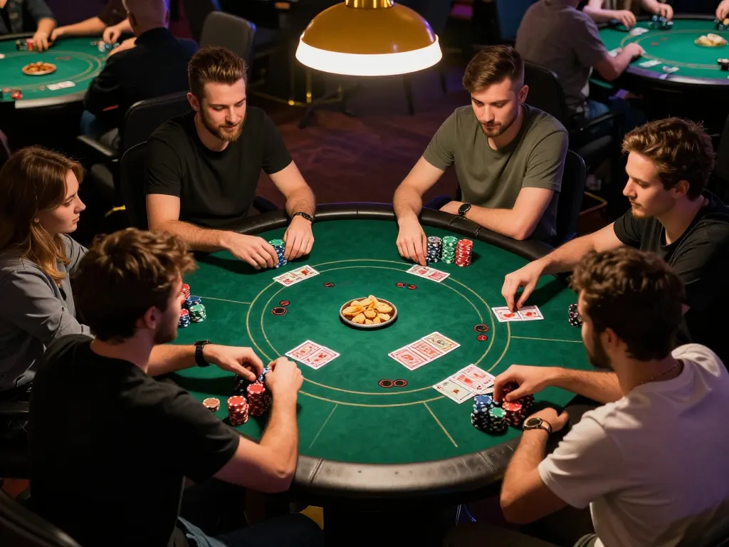 Friends engaged in a friendly home poker game, see details of poker chips and cards mid-action