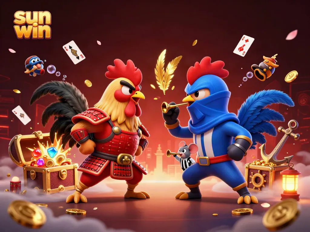 Experience sun win excitement with twin roosters in combat, amidst treasure and cards!