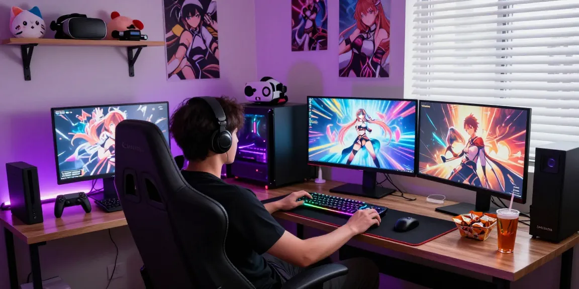 Gamer enjoying hentai games in a colorful gaming setup with vibrant decor