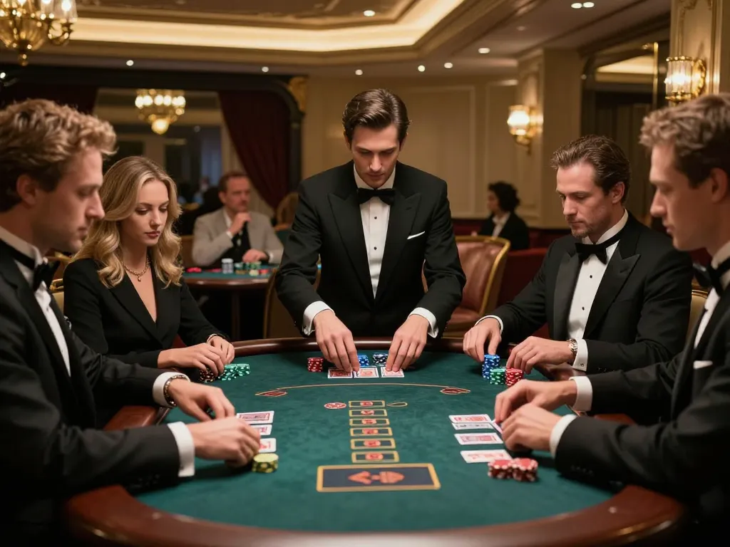 IDCASH88 exemplifies high-stakes Blackjack action with players and dealer in an elegant casino