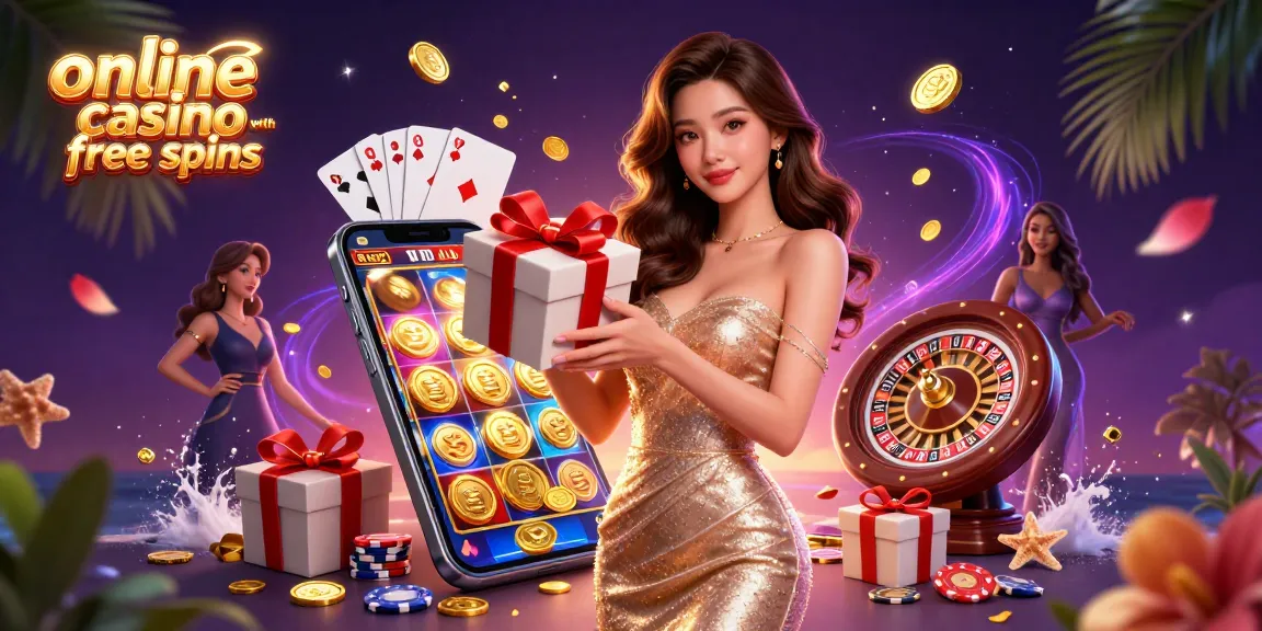 Experience excitement at an online casino with free spins, featuring a welcoming celebration scene.