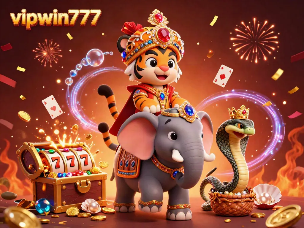 Spin and win big at vipwin777 with a vibrant 3D casino illustration featuring a maharaja tiger and rich gaming elements.