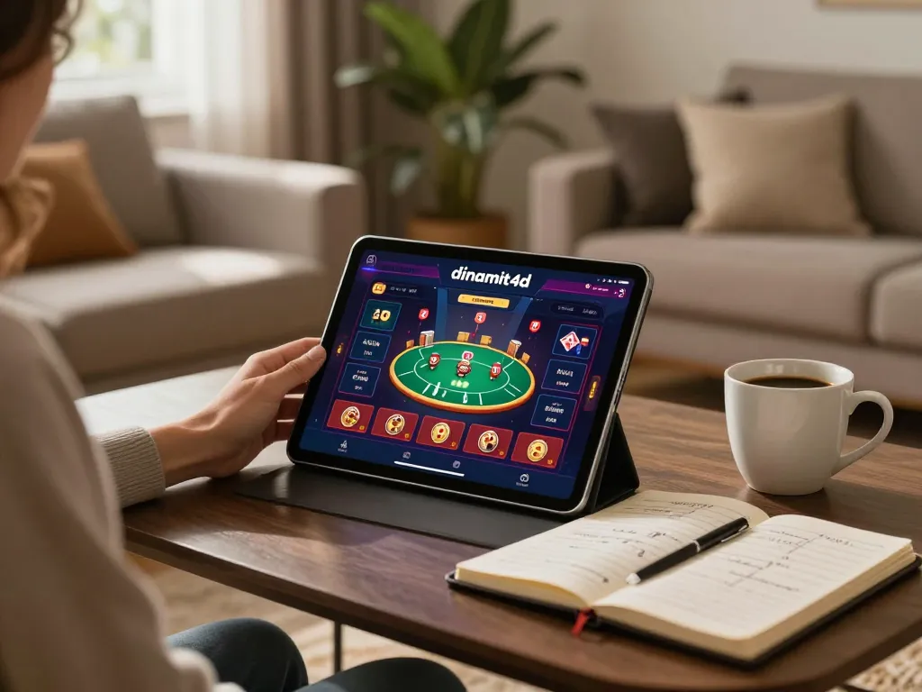 Engaging in dinamit4d's online gaming interface while managing betting strategies in a cozy home setting.
