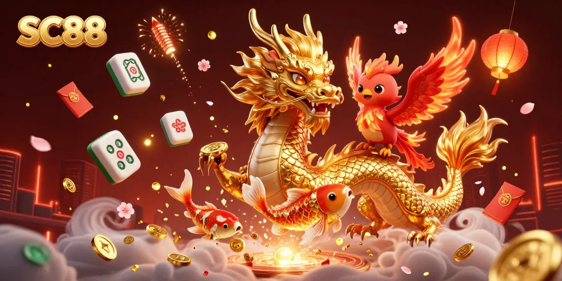 Engage in thrilling SC88 casino games with a dynamic dragon and phoenix amidst a shower of coins.