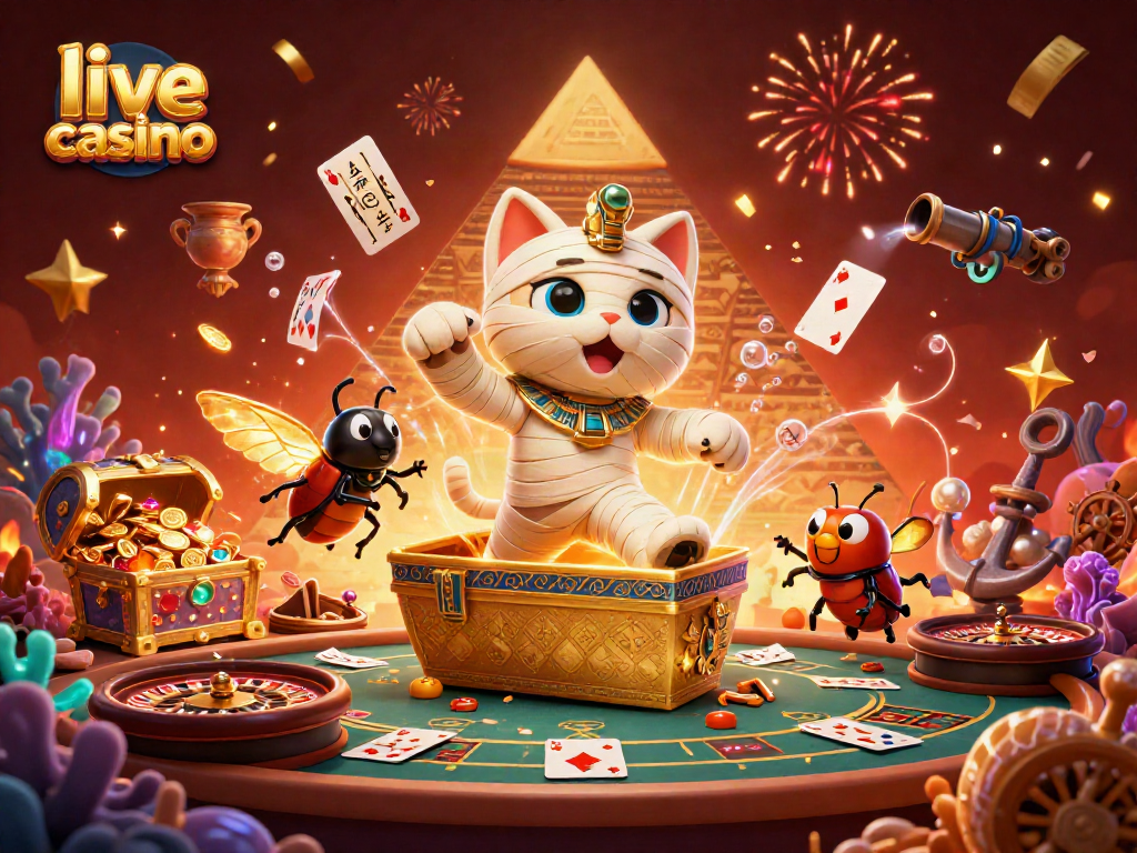 Experience the thrill of live casino gaming with a vivid Egyptian-themed illustration featuring a mummy cat.