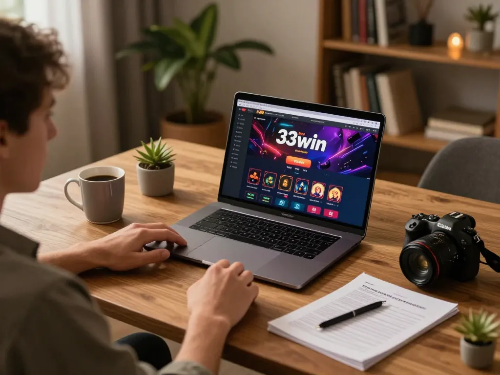 Engaging in strategic betting on the 33win casino interface during a cozy home gaming session.