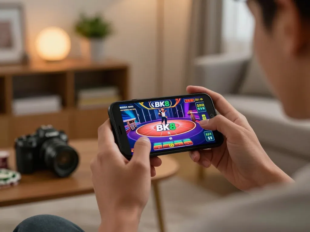 Player betting on BK8 mobile app in cozy home, showcasing a modern gaming experience