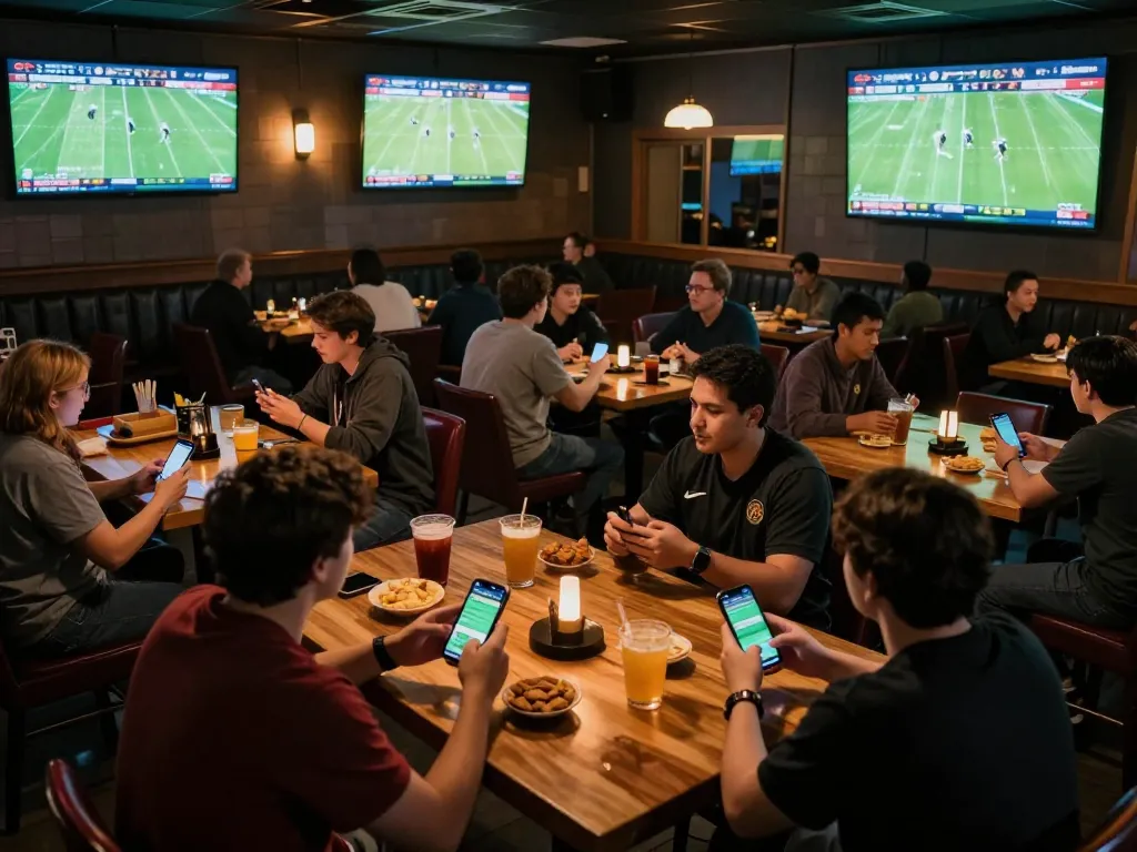 Fans engaged in live sports betting via kqbd during an exciting football match in a lively bar setting