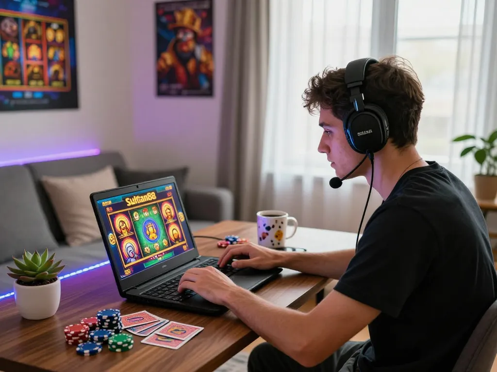 Engaging online gambling scene with sultan88 gaming setup featuring colorful graphics and cozy ambiance.