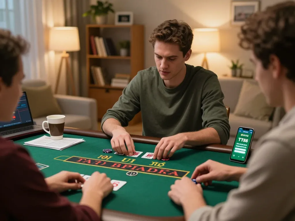 Engage with TT88 online casino gameplay at home, showing player focused on live blackjack on laptop.